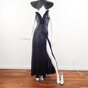 Maxi Dress Black ANIMAL SNAKE PRINT FOIL Sleeveless Slit V Neckline